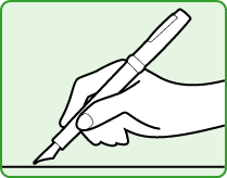 万年筆を寝かせ気味に持って書く様子を示したイラスト