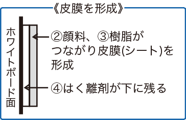 顔料と樹脂がつながって皮膜を形成し、はく離剤が下に残る様子を示した断面イラスト
